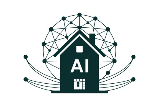 Dark blue house silhouette with AI text and a complex spherical network grid structure on a white background for smart homes