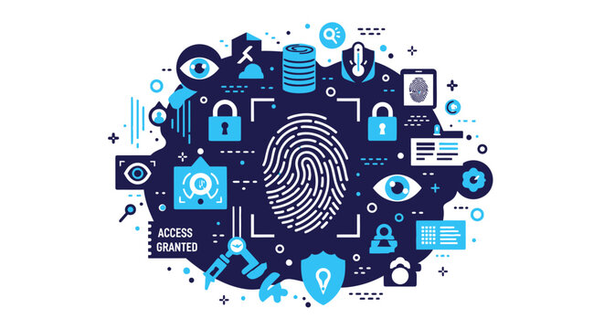 Biometric Security and Digital Identity Protection Flat Vector Illustration for Cybersecurity, Fingerprint Scanning, Data Privacy, and Secure Access Control System