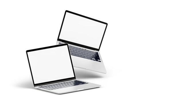 Floating open laptop computer screens mockup template for presentation, 3D render