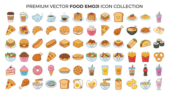 A large collection of cute cartoon vector food and drink emoji icons, featuring various meals, snacks, desserts, and beverages.