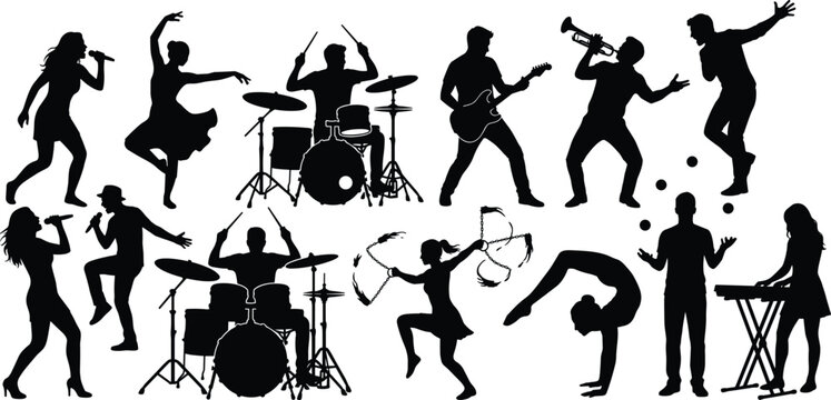 Performing Arts and Music Silhouettes Collection Featuring Singers, Dancers, and Musicians