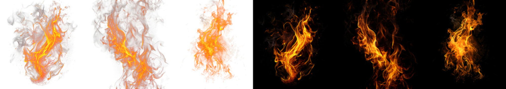 Dynamic swirling fire flames pack on transparent and black backgrounds for cinematic visual effects and fire animation resources.