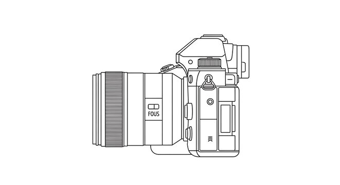 Professional digital SLR camera line art illustration isolated on white background for photography and media concepts