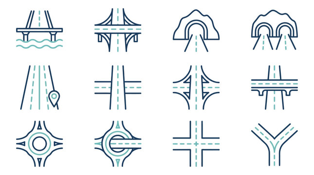 Creative Minimalist Line Icons Set Showing Various Types of Road Intersections and Highway Structures in Blue and White