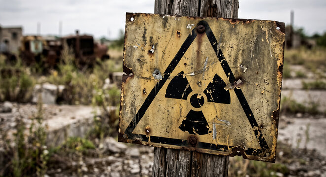 Old rusty radiation warning sign in abandoned post apocalyptic wasteland