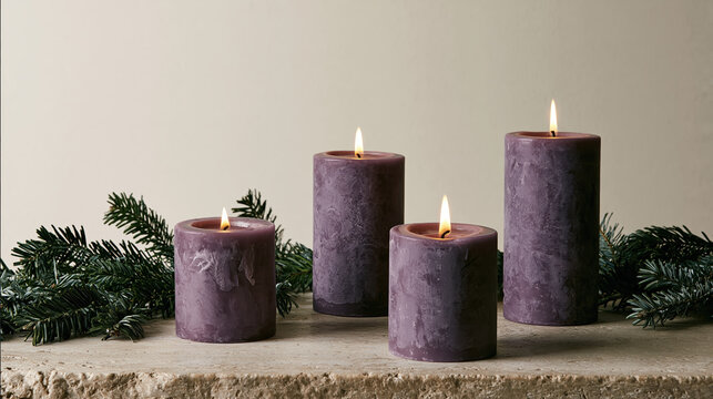 Advent candle purple candle evergreen branch festive decoration winter holiday church season lit candle table decor calm scene seasonal decor