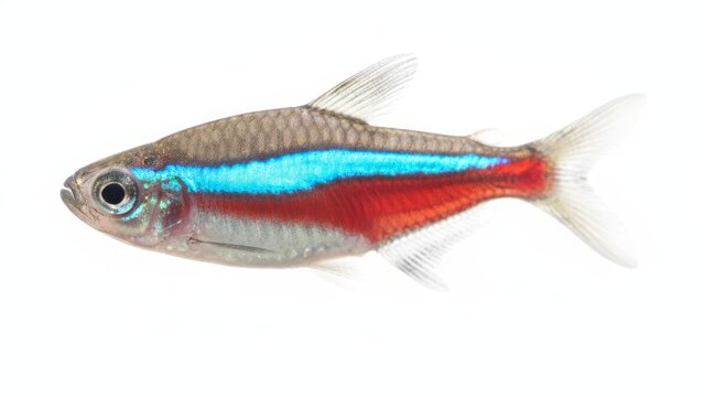 Neon Tetra Fish Isolated on Pure White Background Close Up Portrait