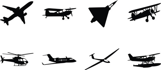 Set of various black airplane and helicopter silhouettes isolated on a white background for design © MstAshida