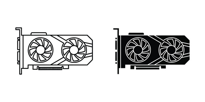 Card gpu set featuring outline and solid black for gaming hardware and pc component computer