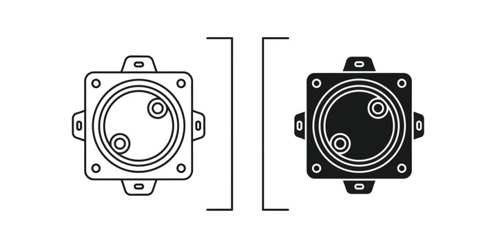 Circular electrical junction box in outline and solid black styles for construction and wiring installations