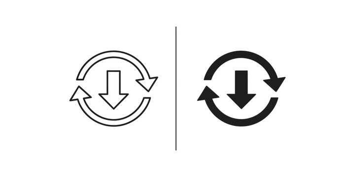 Circular refresh and download arrow set featuring minimalist in both outline and solid black cycle