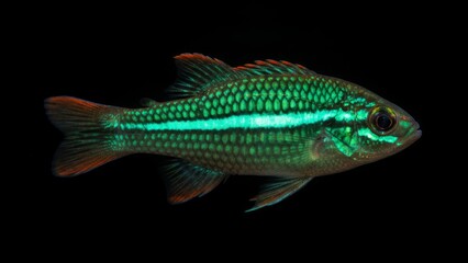 Fototapeta premium Vibrant Green Emerald Cardinalfish with Glowing Neon Stripe on Black Background