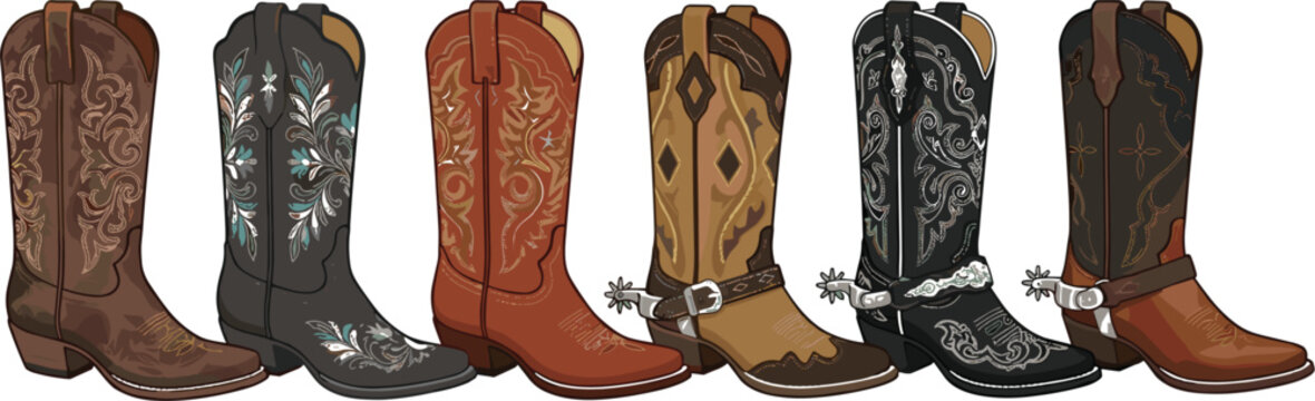 Vintage Cowboy Boots Vector Element Set Featuring Detailed Western Leather Embroidery and Silver Spurs for Country Rodeo and Fashion DesignsVintage Cowboy Boots Vector Element Set Featuring Detailed W