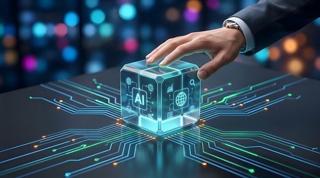 A businessman's hand activating a glowing AI cube, symbolizing advanced technology, data intelligence, and the future of digital innovation.