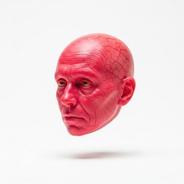 A floating, disembodied human head, rendered in a striking red hue with intricate vein-like textures, set against a stark white background.