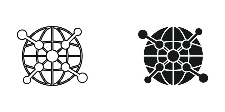 Global network connection set featuring interconnected globe spheres in black and white outline and solid