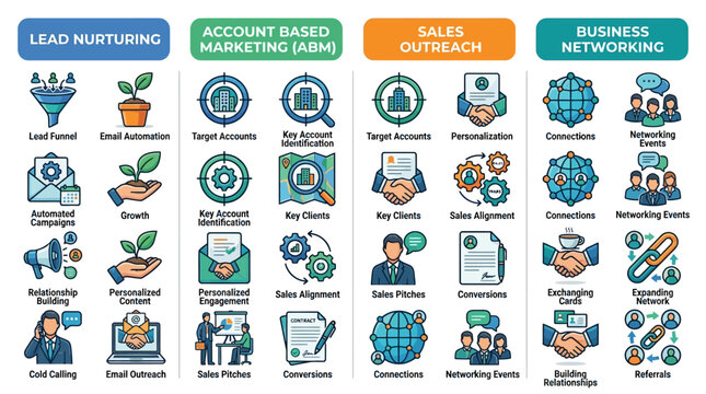 Business professionals engaged in lead nurturing, account based marketing, sales outreach, and networking.
