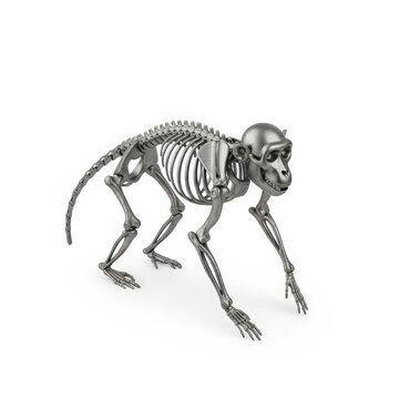 3D render of a metallic monkey skeleton standing on a white background, showcasing anatomical structure.