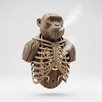 Detailed 3D rendering of a wooden chimpanzee bust with exposed mechanical gears and pipes, emitting smoke.