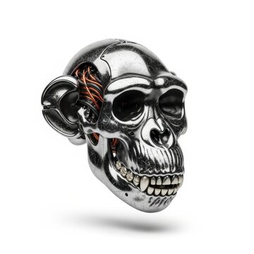 Detailed silver metallic monkey skull with visible internal wiring, a cyborg-like artistic sculpture.