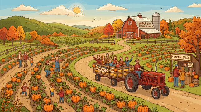 People enjoying hayride at pumpkin patch farm during autumn harvest season