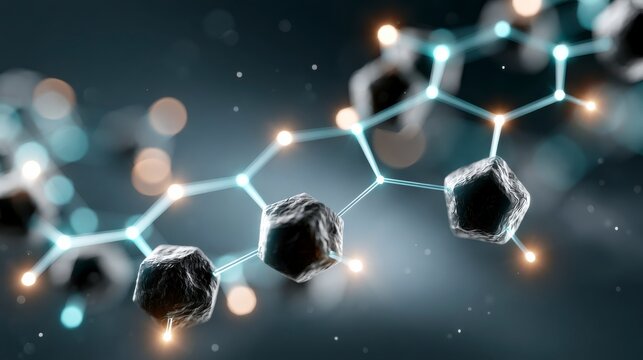 A futuristic digital representation of a molecular chain with glowing connections and dark geometric molecules suspended in a dark space.