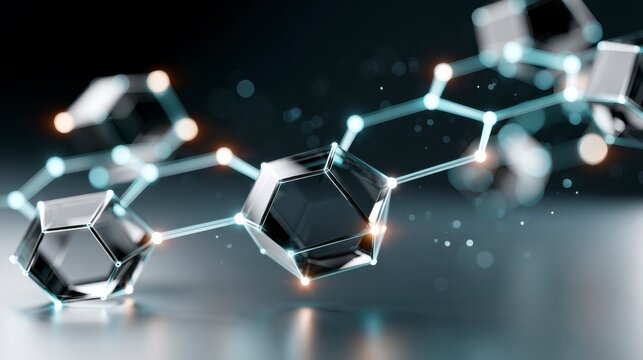 A futuristic 3D rendering of a molecular structure with hexagonal shapes connected by glowing nodes on a dark background.