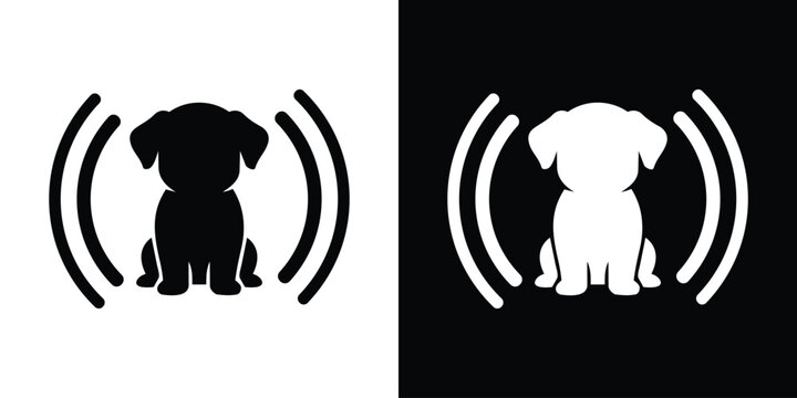 Pet identification microchip vector icon showing a puppy from the front flanked by wireless signal waves. Clean black and white graphics.