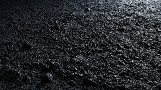 Close-up image of dark volcanic soil or ash with a rough, textured surface illuminated by light.