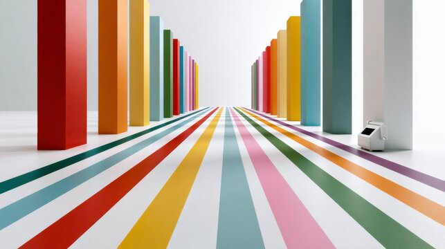 Colorful vertical bars and matching floor stripes create a visually striking abstract corridor with a small white device on the right side.