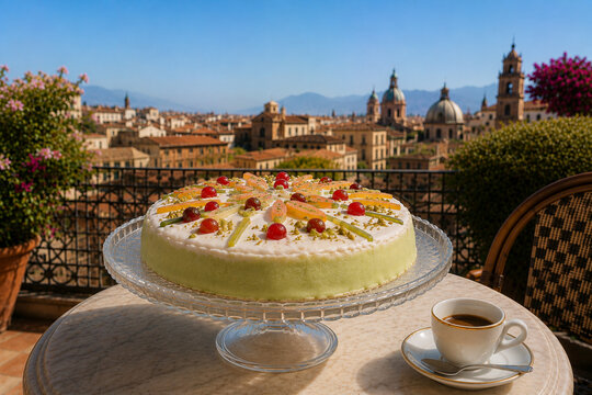 Authentic Sicilian Cassata Cake on Elegant Cake Stand with Espresso at a Classic Rooftop Caf&eacute; in Historic Palermo, Italy