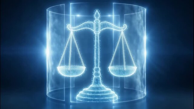 Digital scales of justice symbolize balance, fairness, legal equilibrium, and equality explore judgement, law, and fairness in futuristic cyberspace