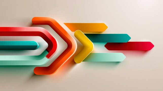 Colorful 3D arrows pointing right on a beige background, symbolizing progress, direction, and movement in a modern, abstract style.