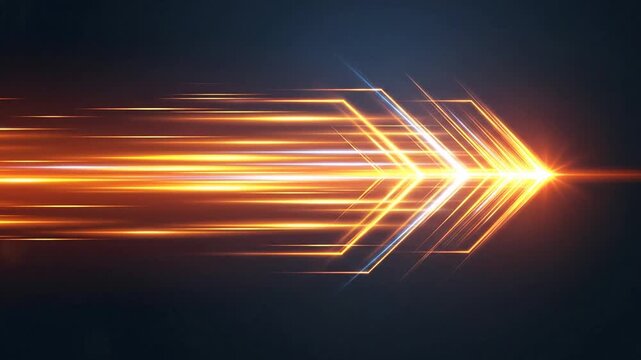 Abstract glowing light arrow moving fast right across dark background representing speed and technology.