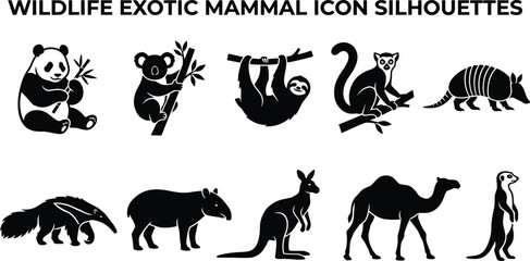 Silhouette collection of exotic wildlife mammals including panda, koala, sloth, lemur, and camel on white background © Sabbir's World