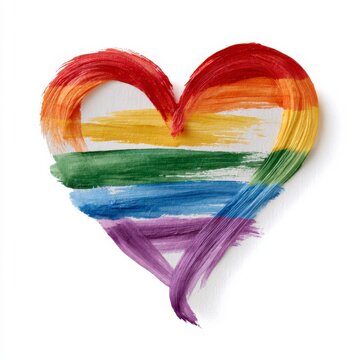 A heart shape painted with rainbow colors symbolizing LGBTQ+ pride and love on a white background.