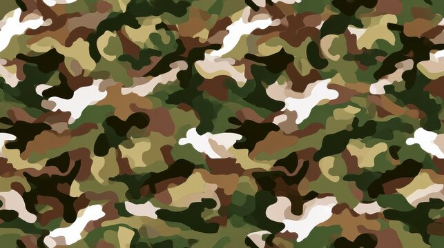 A seamless camouflage pattern featuring irregular shapes in shades of green, brown, tan, and white.