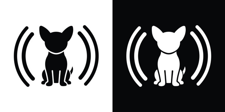 Pet identification microchip vector icon showing a puppy from the front flanked by wireless signal waves. Clean black and white graphics.