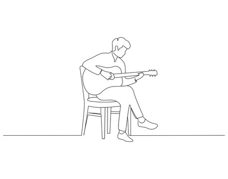 Man playing guitar continuous line. Continuous one line drawing of man playing guitar. Guitarist concept. Single line drawing