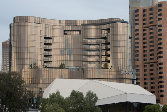 Adelaide, South Australia - April 24 2026: modern Skycity glass building shining in Adelaide's urban center, symbolizing growth and development