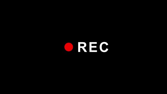 Recording icon Button Animation on Alpha Channel, rec text camera recording icon text animation, interface of video recorder digital display in black background 4k video