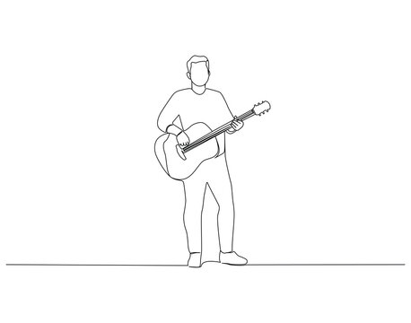 Man playing guitar continuous line. Continuous one line drawing of man playing guitar. Guitarist concept. Single line drawing