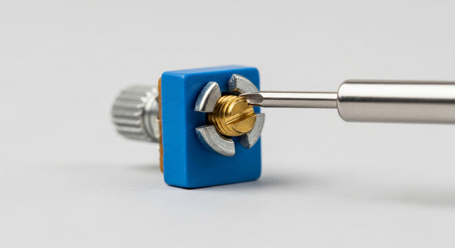 Precision potentiometer adjustment using a screwdriver, highlighting electronic component tuning and repair for circuit calibration.