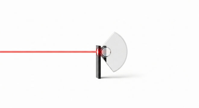 Red laser beam reflecting off a scientific deflection mirror, isolated on a plain background for technology and physics concepts.