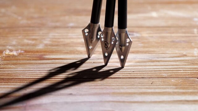 A close-up shot of several sharp arrowheads vertically piercing into a rustic wooden surface one after another, creating dramatic shadows under bright directional lighting.