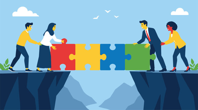 Four people collaborating to bridge a gap using colorful puzzle pieces