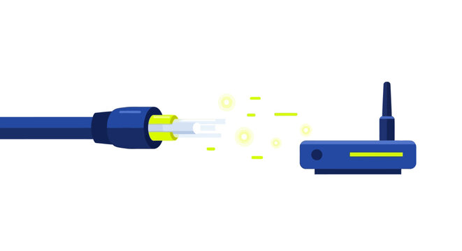 Fiber Optic Cable Connecting to Wireless Router, High Speed Broadband Internet and Network Data Transfer Vector Illustration
