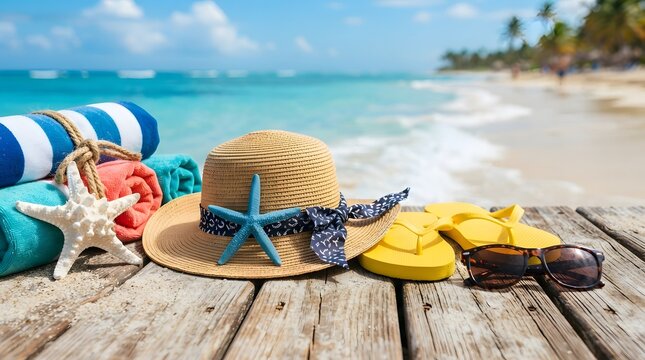 Beach vacation essentials sun hat towels and flip flops on wooden deck