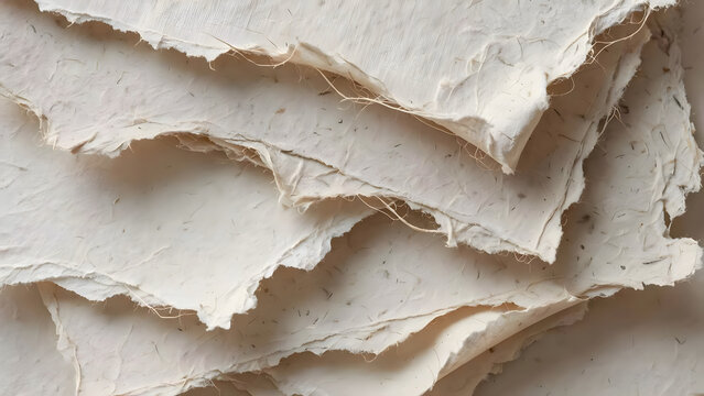 Rustic stack of handcrafted paper sheets with distinct raw texture and naturally torn deckle edges, ideal for organic design projects and creative backgrounds