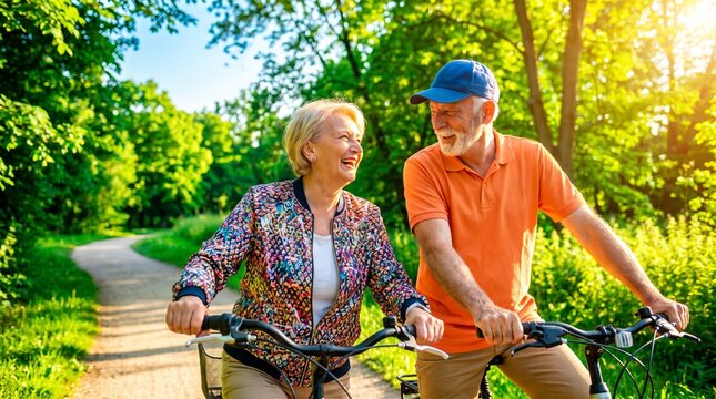 senior married couple riding bicycles together in a sunny park